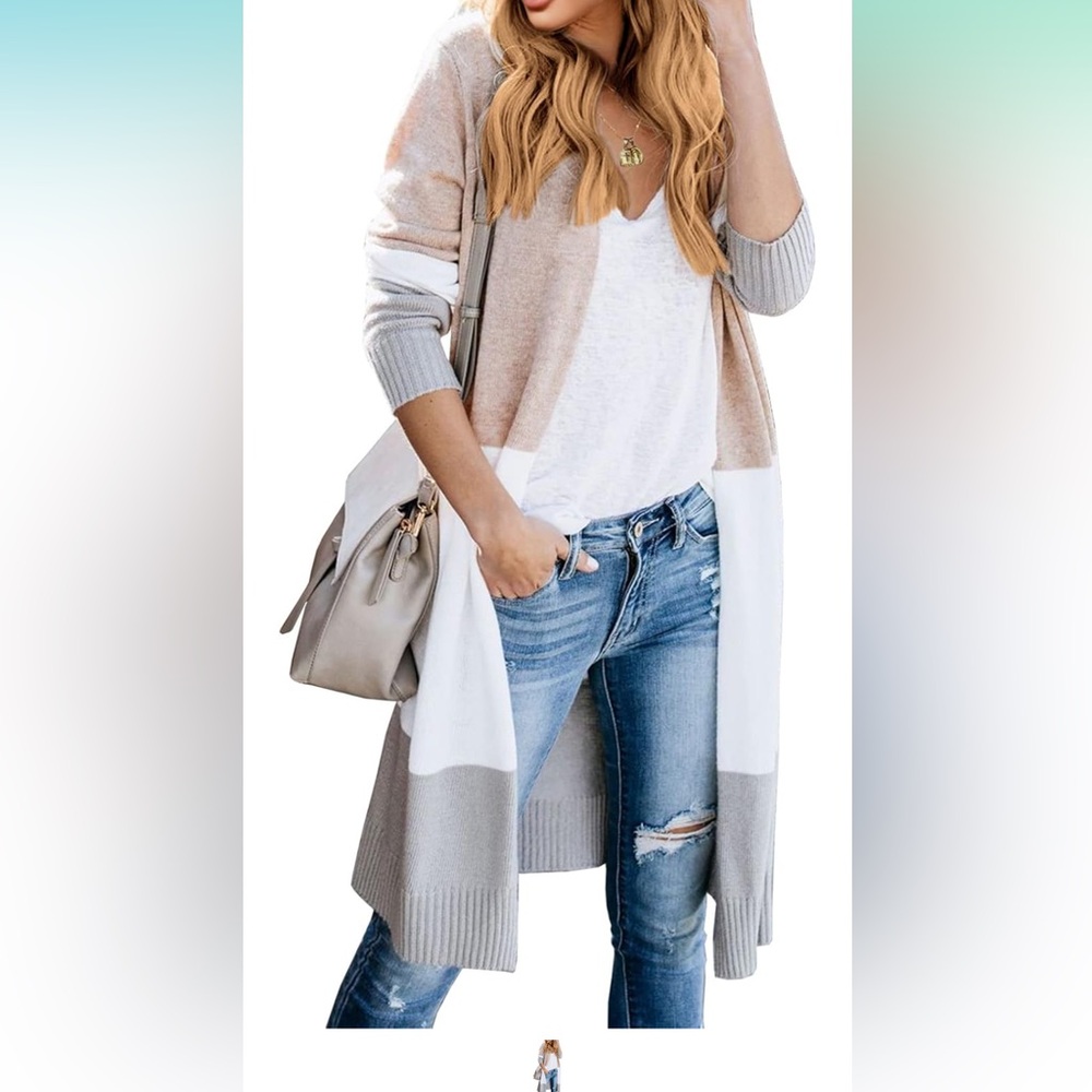 Long Color Block Cardigan Tan, White/Off-White and Gray